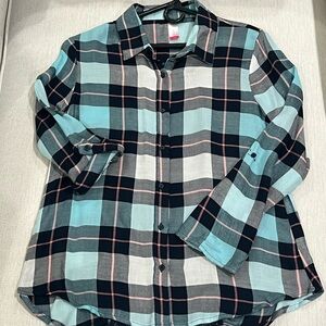 Women’s Navy blue and Light blue Flannel button down shirt.